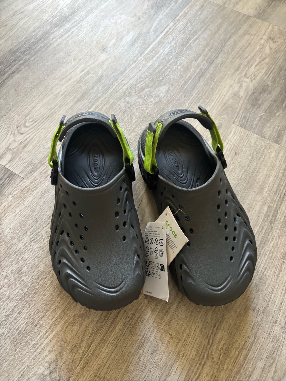 CROCS Gray Clog with Neon Green Heel Strap